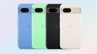 google pixel 8a rear view in black, blue, green and white on a rainbow background