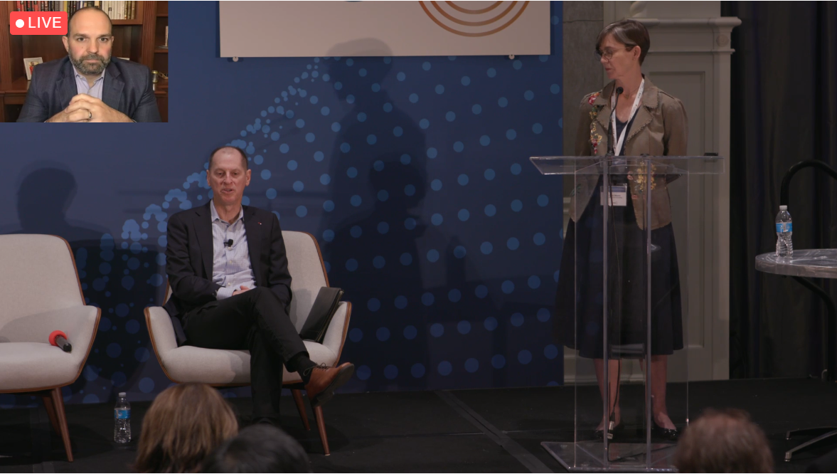 Consumer Technology Association CEO and president Gary Shapiro (center) and NAB CEO and president Curtis LeGeyt (on left screen) speaking at the Advanced Television System Committee’s NextGen Broadcast Conference