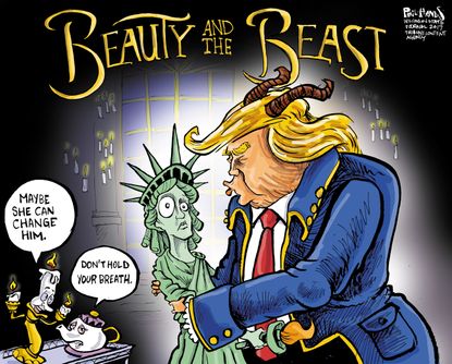 Political cartoon U.S. President Trump Statue of Liberty Beaty and the Beast