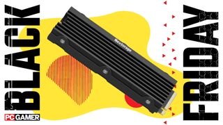 An image of a Nextorage NEM-PAC gaming SSD against a colorful background, with a set of Black Friday and PC Gamer logos on the sides.