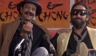 Cheech and Chong speaking in front of microphones in Cheech and Chong Still Smokin.