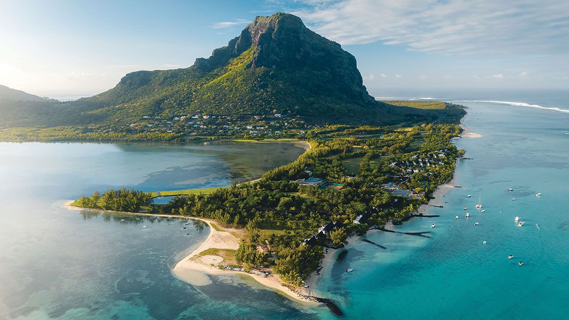 Aerial view of Beachcomber Paradis with Le Morne behind