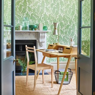 Green wallpaper in small home office