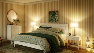 A bedroom with vertical stripe wallpaper