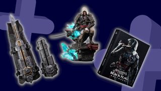 Assassin's Creed figures and books of a dark blue background