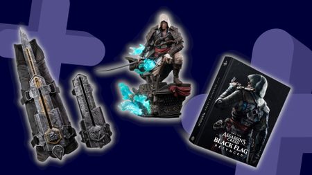 Assassin's Creed figures and books of a dark blue background