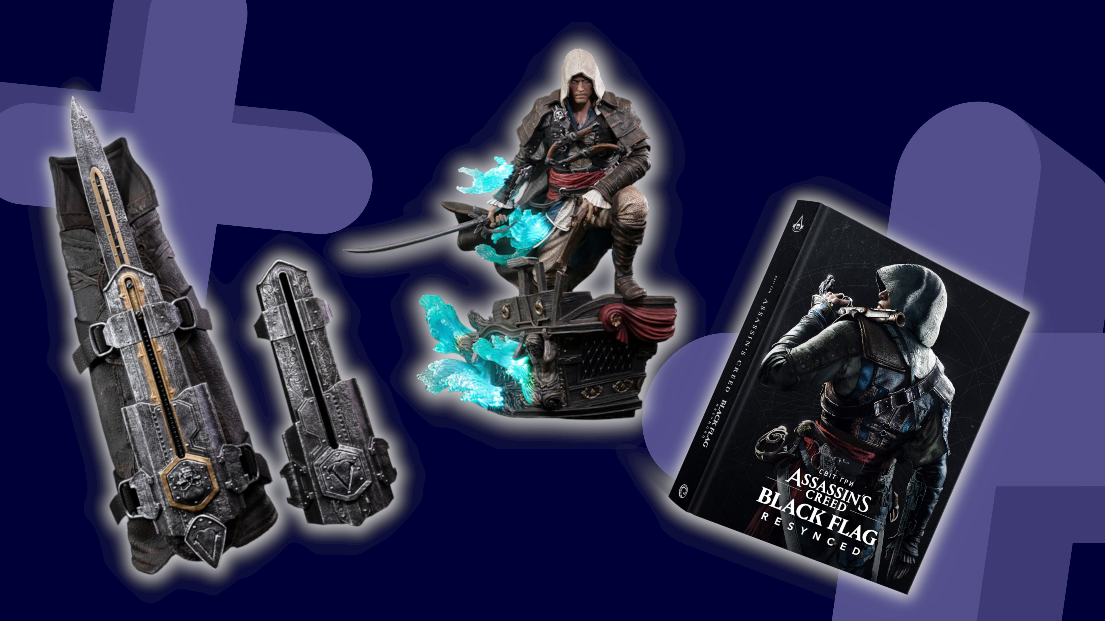 Assassin's Creed figures and books of a dark blue background