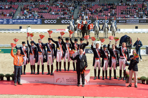 The top 3 teams in the European Dressage Championships [left to right: The Netherlands, Germany, Great Britain]