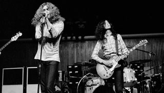 Robert Plant (left) and Jimmy Page perform onstage with Led Zeppelin in Copenhagen, Denmark on February 28, 1970