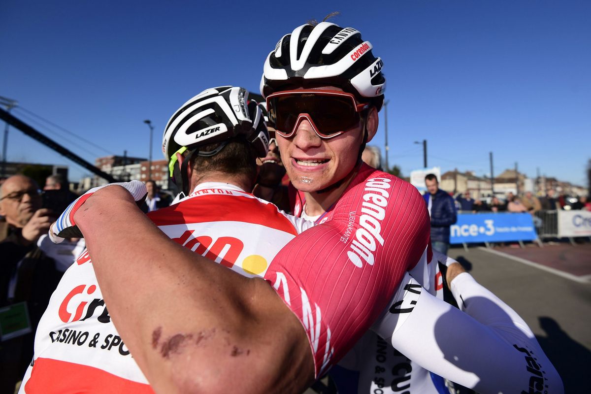 A celebratory hug for race winner van der Poel