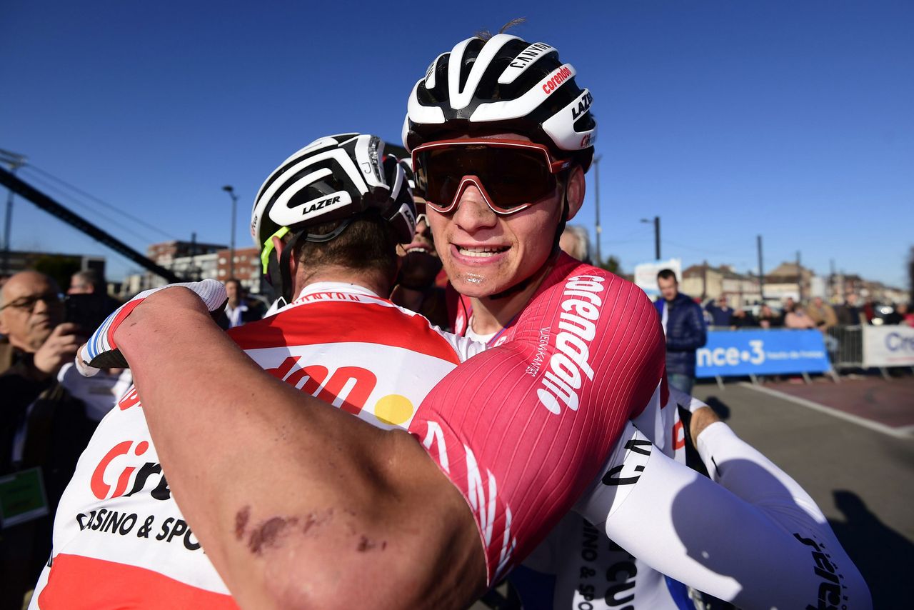 A celebratory hug for race winner van der Poel