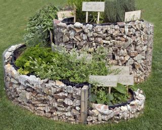 mini spiral herb garden made with gabion walls