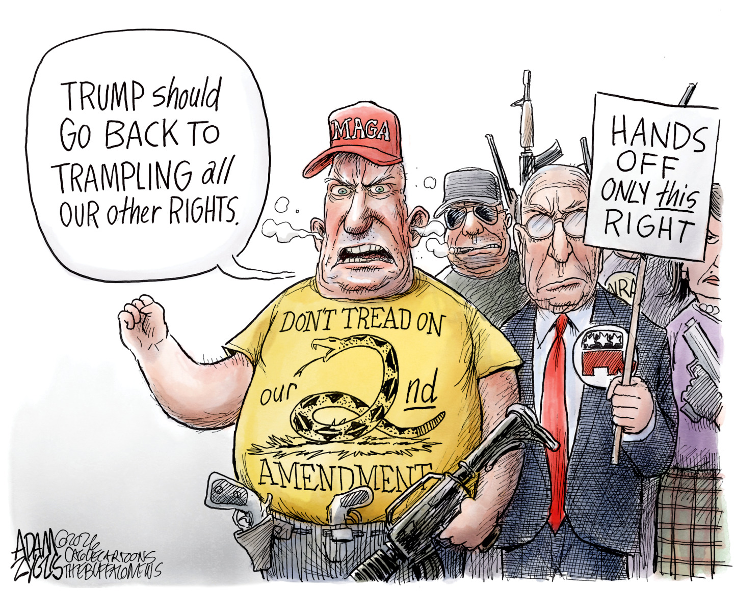 A man in a MAGA hat is carrying several guns and wears a T-shirt that reads &amp;quot;Don't tread on our 2nd Amendment&amp;quot; where a snake forms the &amp;quot;2&amp;quot;. He's part of a group of protestors that includes a GOP politician with a sign that says, &amp;quot;Hands off only this right. The man says, &amp;quot;Trump should go back to trampling all our other rights.&amp;quot;