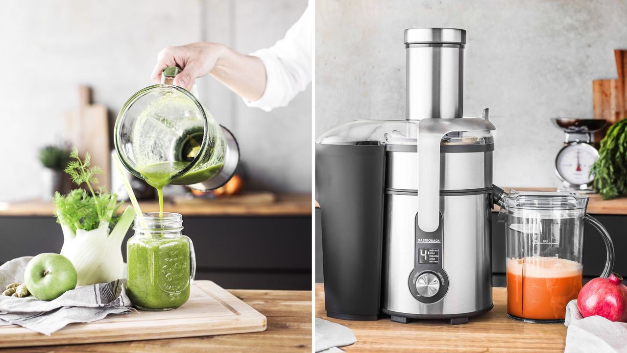 A split image of a juicer on one side and a blender on the other to compare Juicer vs blender