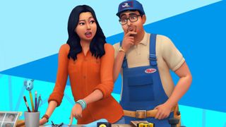 The Sims 4 - A Sim points to a blueprint on a table while another sim looks on, thinking, wearing overalls and a tool belt, and work hat