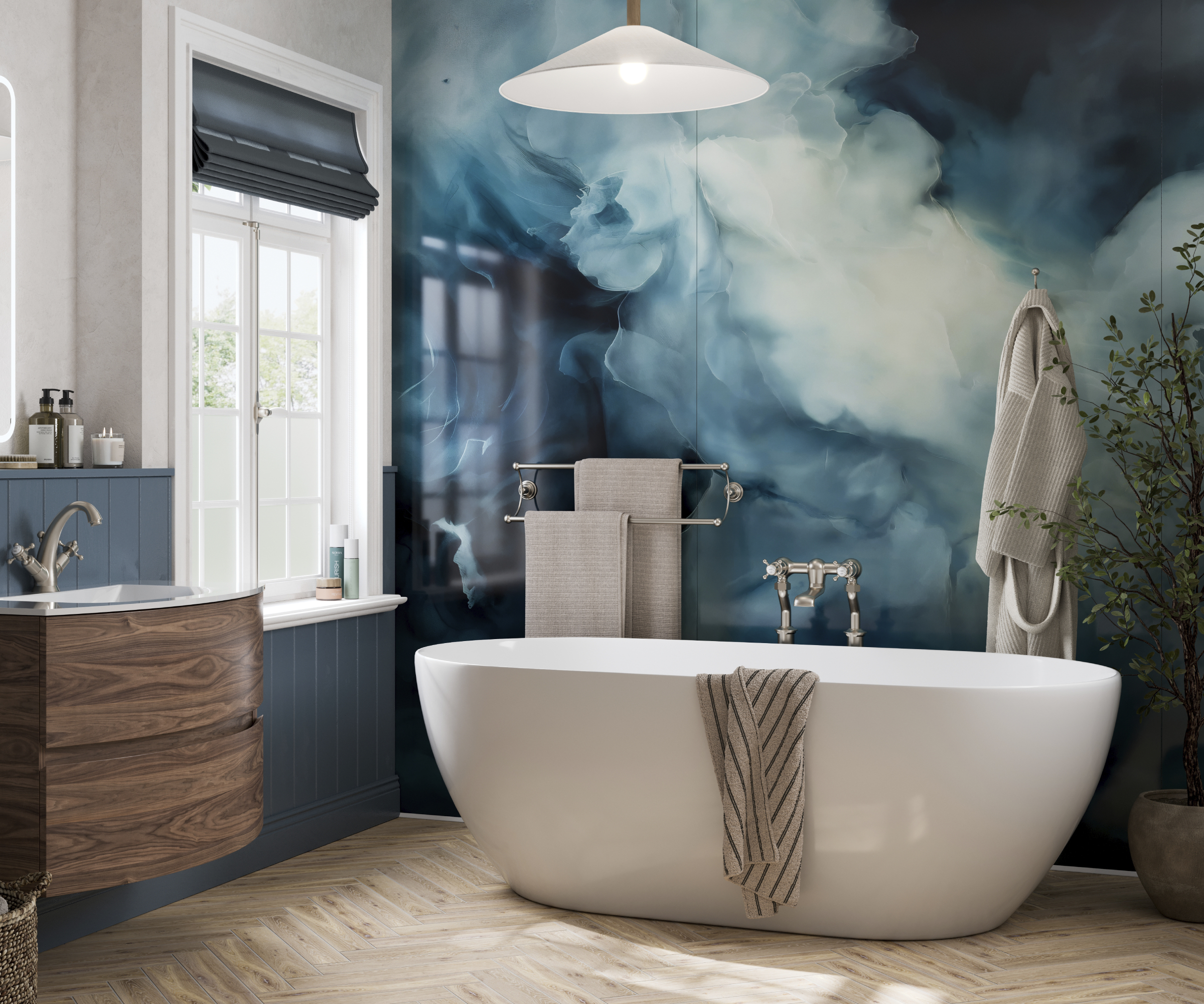 dark blue water cloud effect wall panel in bathroom with freestanding bath, blue half height wooden wall panels and herringbone flooring