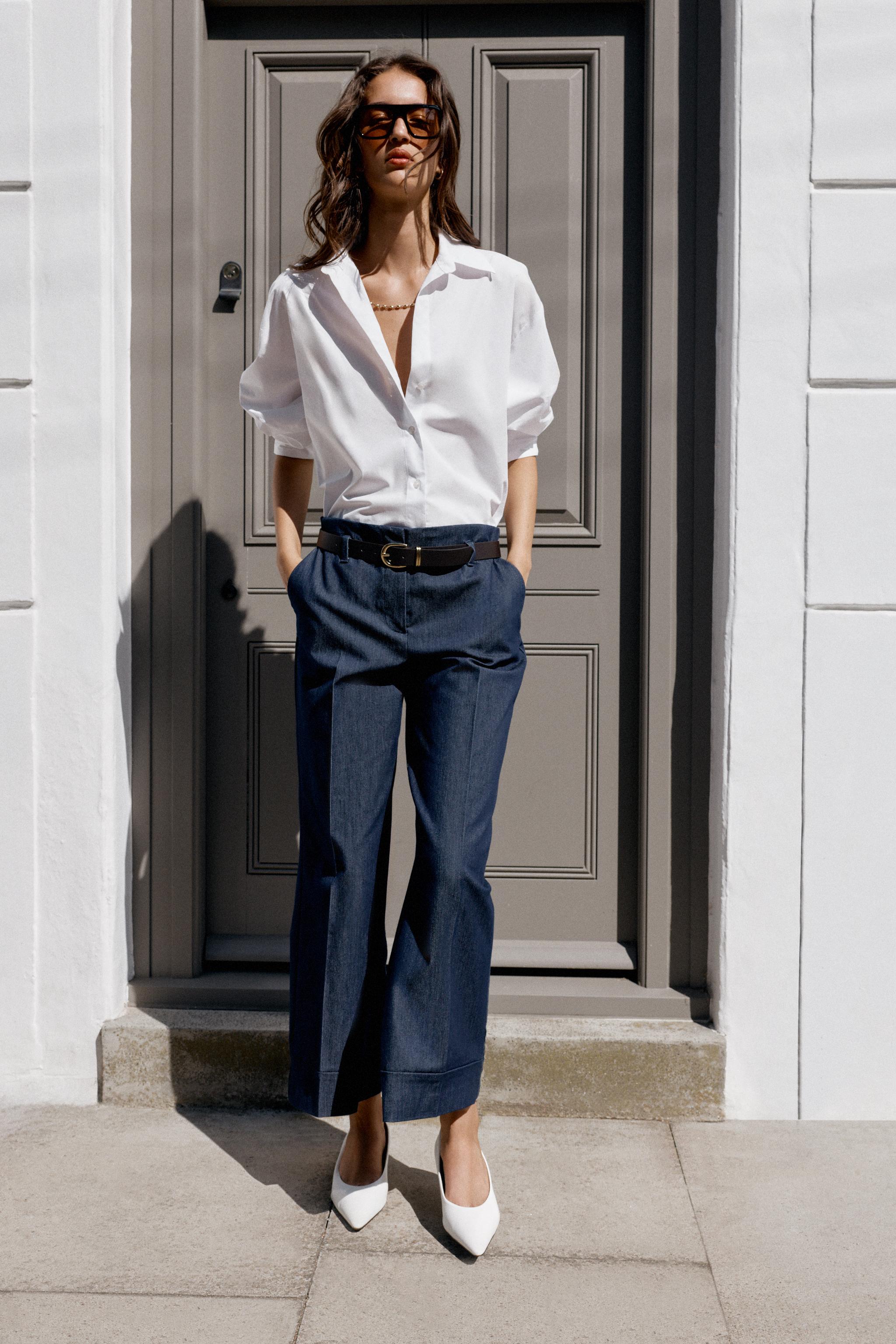 Belted Trousers With Turn-Up Hems - Indigo - Xs