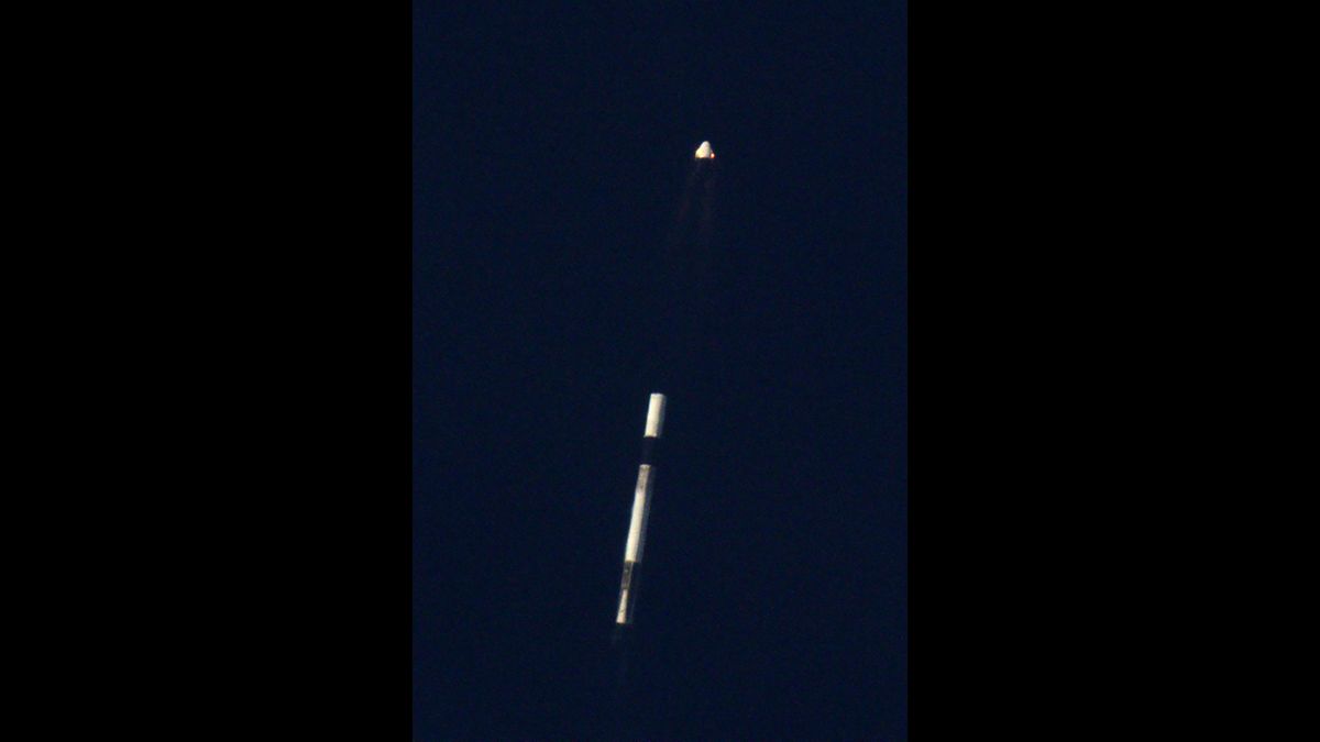 SpaceX's Crew Dragon capsule separates from the Falcon 9 rocket, which was intentionally destroyed as part of the in-flight abort test.