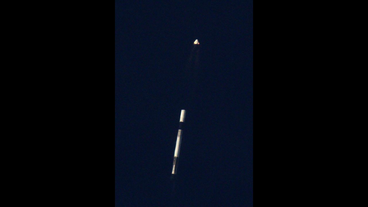 SpaceX's Crew Dragon capsule separates from the Falcon 9 rocket, which was intentionally destroyed as part of the in-flight abort test.