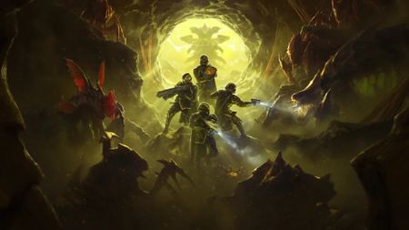 Helldivers 2 lead art of four Divers fighting bugs in a cave