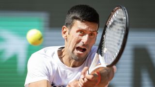 Novak Djokovic of Serbia during practice on Court Philippe Chatrier in preparation for the 2023 French Open Tennis Tournament at Roland Garros