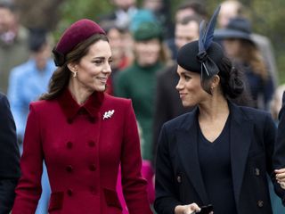 Catherine, Duchess of Cambridge and Meghan, Duchess of Sussex attend Christmas Day Church service at Church of St Mary Magdalene