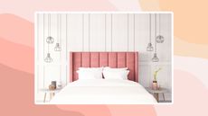 How to make a bed more comfortable so it looks as easy to sink into as this plush bed with white bedding and a pink headboard pictured in a white room and displayed on a terracotta wavy background 