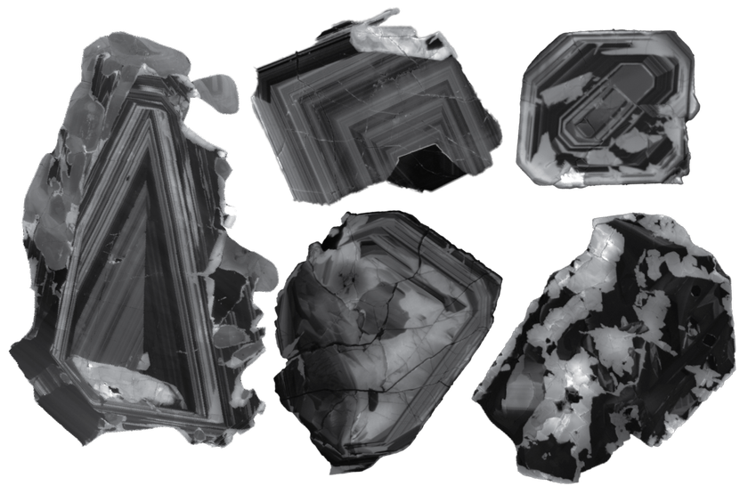Zircon crystals in grey scale