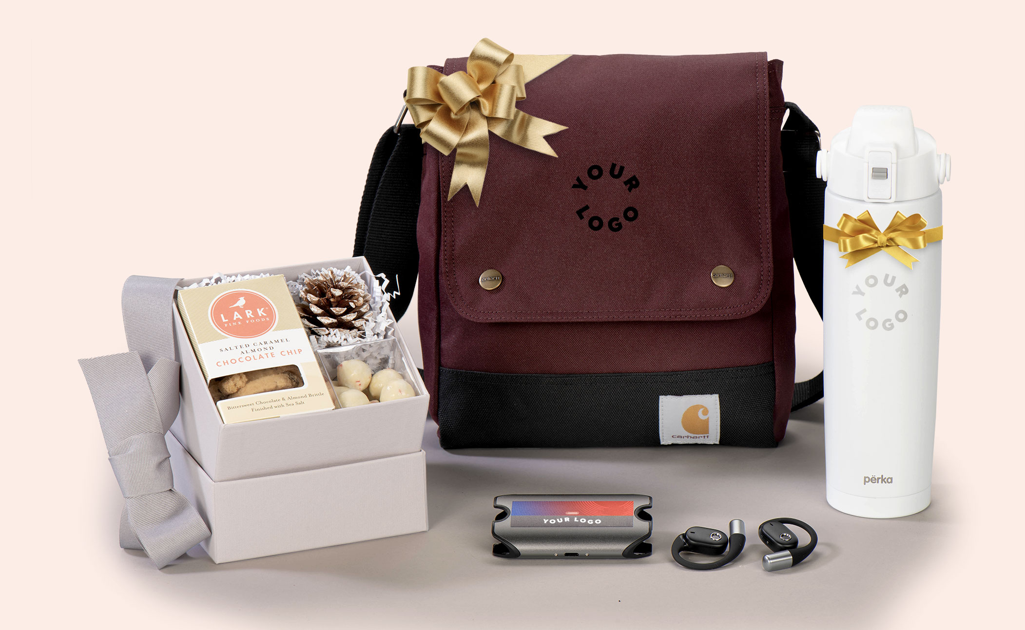 an image showing various custom products offered by staples promotional and marketing such as a bag and water bottle