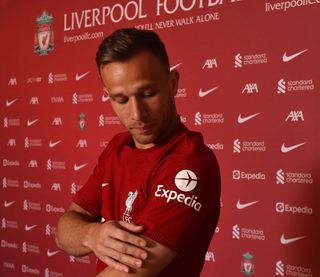 Arthur Melo new signing for Liverpool at AXA Training Centre on September 01, 2022 in Kirkby, England.