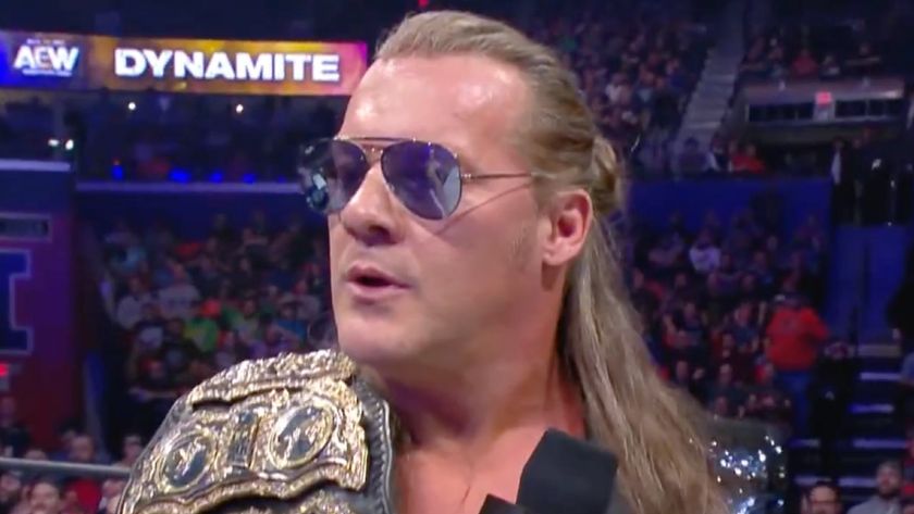 Chris Jericho reacting to an unexpected entrance during his promo