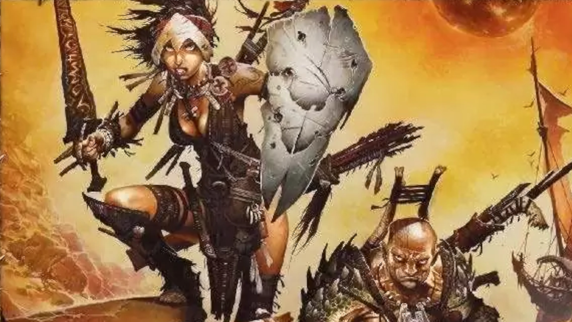 Two barbarian warriors armed with scrappy weapons in a desert setting face the foreground, ready for battle