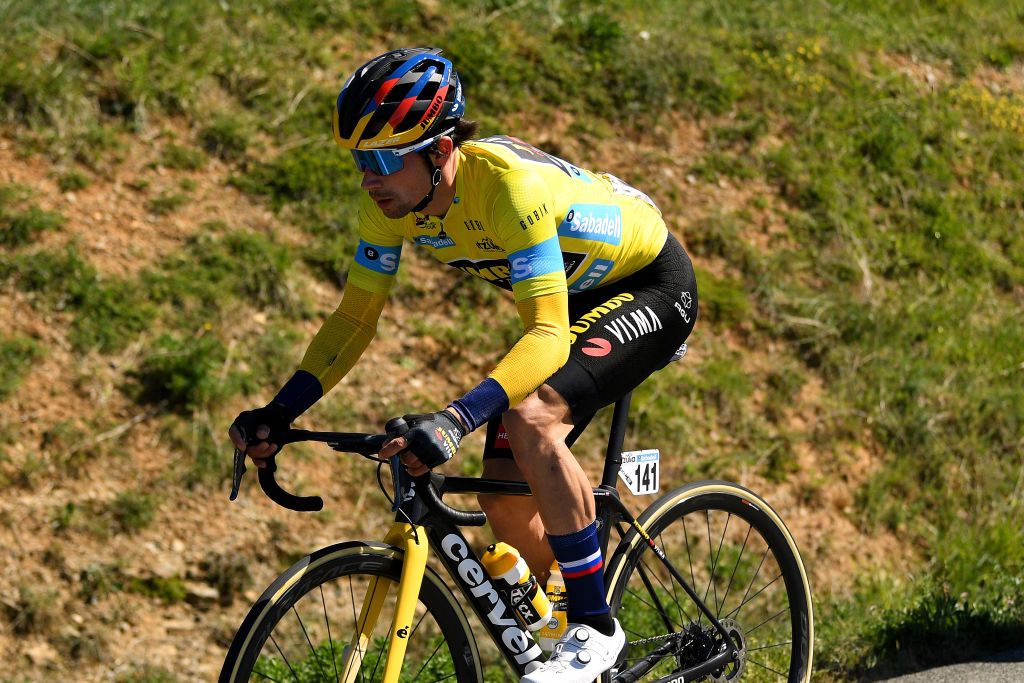 ERMUALDE LAUDIO SPAIN APRIL 07 Primoz Roglic of Slovenia and Team Jumbo Visma Yellow Leader Jersey during the 60th ItzuliaVuelta Ciclista Pais Vasco 2021 Stage 3 a 1677km stage from Amurrio to Ermualde Laudio 481m itzulia ehitzulia on April 07 2021 in Ermualde Laudio Spain Photo by David RamosGetty Images