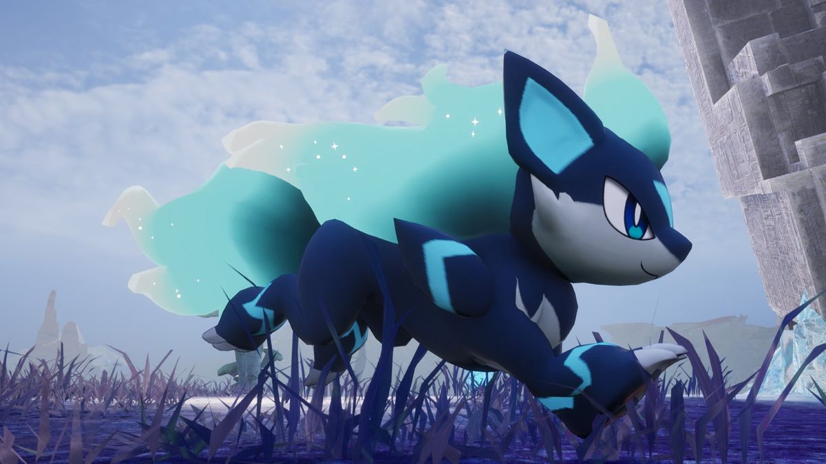 Palworld - Smokie Cryst, a dark blue pokemon with a light blue and white mane that's similar to a wolf
