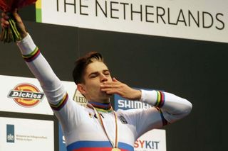Wout Van Aert (Belgium) on the podium and in the rainbow jersey
