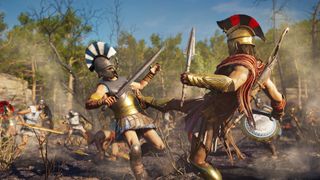 Kassandra kicks an Athenian soldier as a huge battle rages in the background