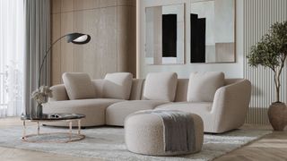 beige lowslung sofa in neutral living room