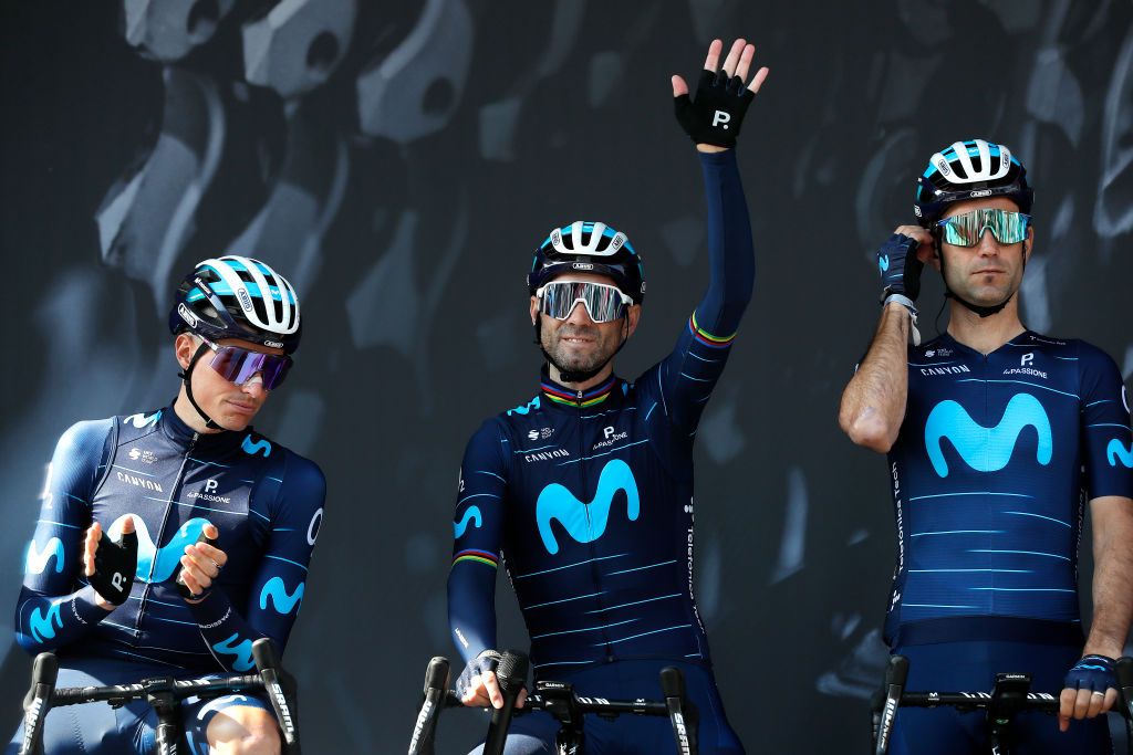 LIEGE BELGIUM APRIL 24 Alejandro Valverde Belmonte of Spain and Movistar Team C with teammates during the team presentation prior to the 108th Liege Bastogne Liege 2022 Mens Elite a 2572km one day race from Lige to Lige LBL WorldTour on April 24 2022 in Liege Belgium Photo by Bas CzerwinskiGetty Images