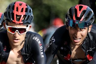 Team Ineos rider Colombias Egan Bernal R climbs the Grand Colombier pass behind the leaders group during the 15th stage of the 107th edition of the Tour de France cycling race 175 km between Lyon and Grand Colombier on September 13 2020 Photo by KENZO TRIBOUILLARD AFP Photo by KENZO TRIBOUILLARDAFP via Getty Images