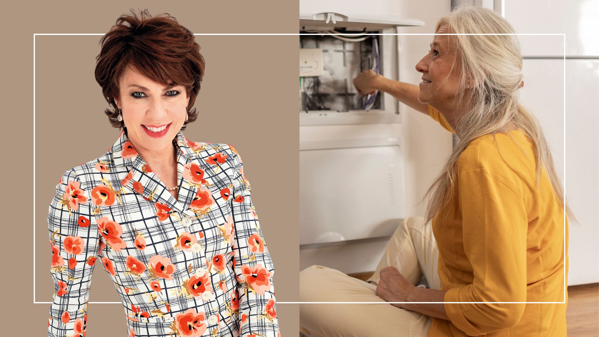 A composite image of Kathy Lette and a woman with a fuse box