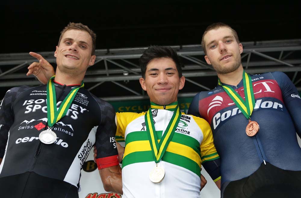 Caleb Ewan (Orica-Scott) takes centre stage on the podium