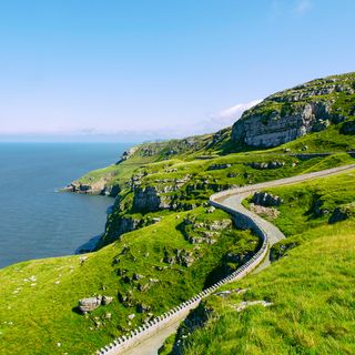 Winding coastal road with ocean view surrounded by green grass