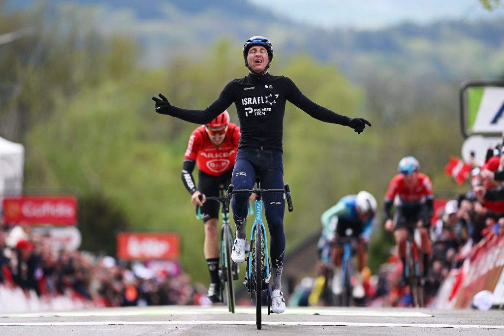 HUY BELGIUM APRIL 17 Stephen Williams of The United Kingdom and Team Israel Premier Tech celebrates at finish line as race winner during the 88th La Fleche Wallonne 2024 Mens Elite a 1986km one day race from Charleroi to Huy UCIWT on April 17 2024 in Huy Belgium Photo by Dario BelingheriGetty Images