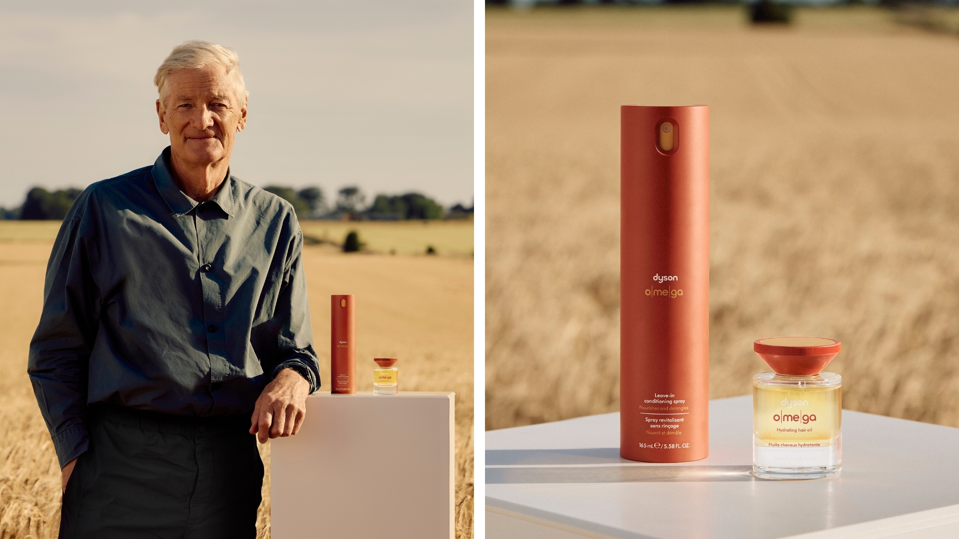 On the left, James Dyson with the new Omega Haircare range and the Omega Leave-In Conditioning Spray and Omega Hydrating Hair Oil on the right