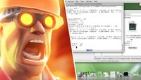 A split image featuring a roaring TF2 engineer on the left and RedStar OS compiling tools on the right.