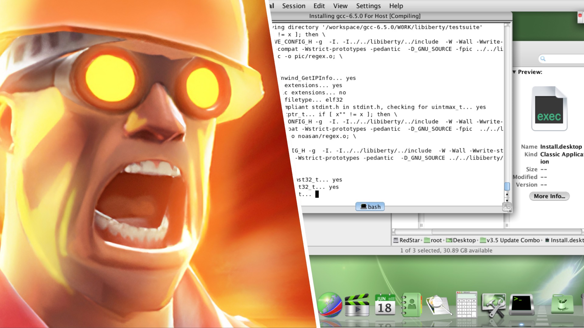 A split image featuring a roaring TF2 engineer on the left and RedStar OS compiling tools on the right.