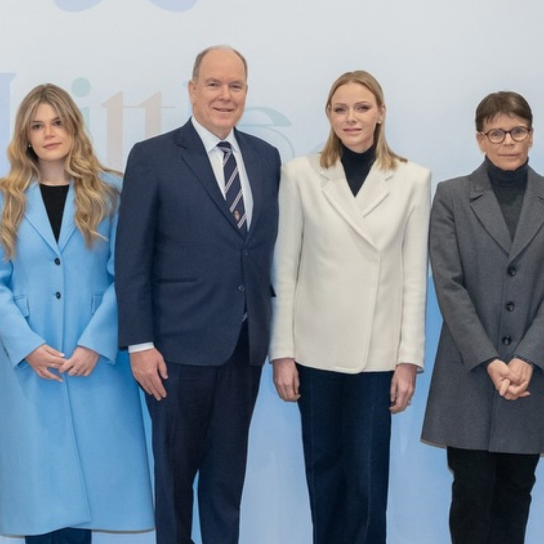 Prince Albert and Princess Charlene posing with Princess Stephanie and Camille Gottlieb