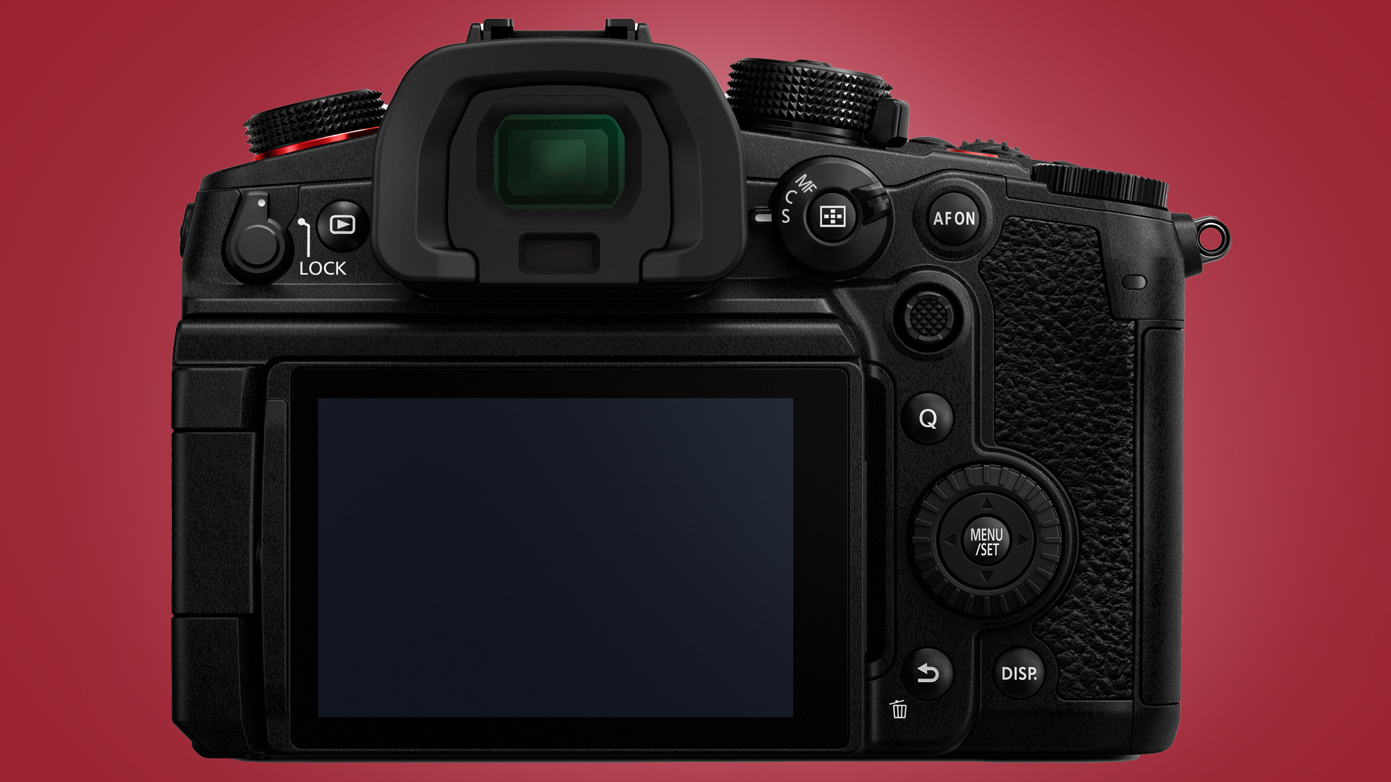 The Panasonic GH6 camera on a red background