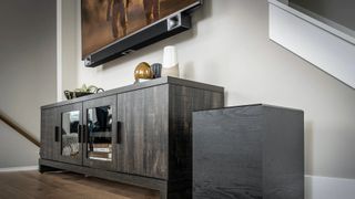 Klipsch soundbar and TV in living room setting