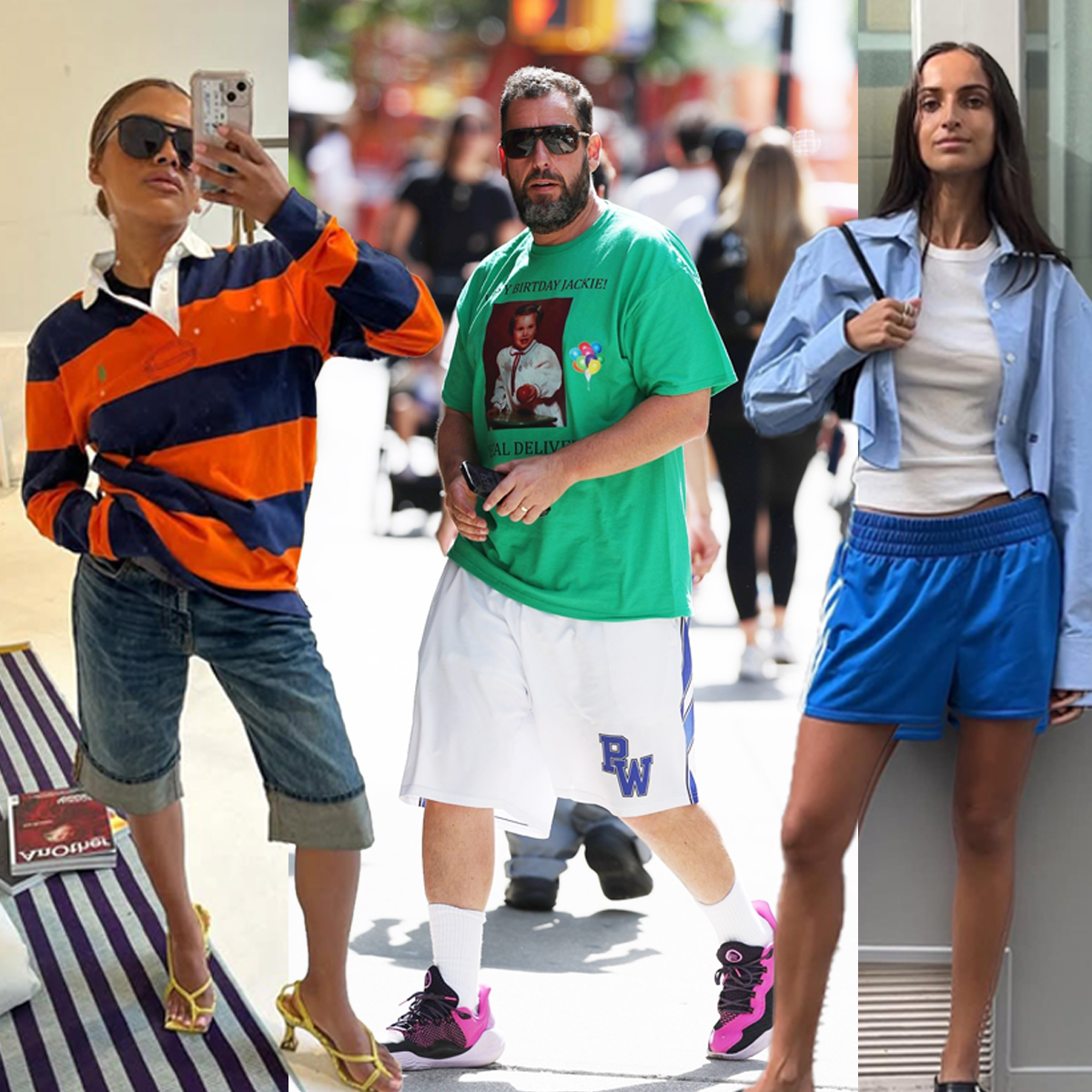 Woman wearing a rugby striped shirt with denim shorts. In the middle, Adam Sandler wearing a bright green graphic tee and basketball shorts. On the right a woman wearing athletic blue shorts, a basic white tee, and a cropped button-up. 